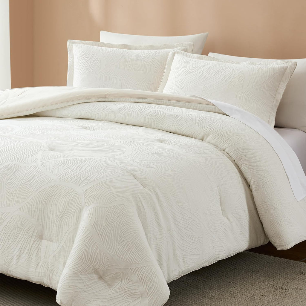 Lush Decor x Chuks Collins Capstone Whisper Cotton Comforter 3 Piece Set Queen Cream - Queen Comforter Set - Luxury Bedding Set - Textured White Comforter