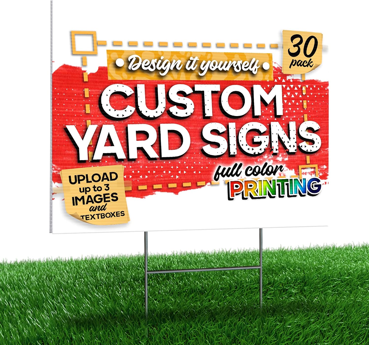 24'x18' Custom Yard Signs with Metal Stakes (30-Pack), Design-Your-Own Lawn Signs, Personalized Signages with Full Color Printing and Uploadable Images/Textboxes, One-Sided Yard Signs for Outdoor Events