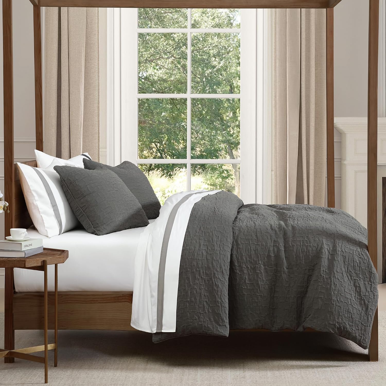 HiEnd Accents Porto Matelassé 3 Piece Duvet Cover Set with Pillow Shams, Queen Size, Cotton Charcoal Gray Textured Modern Boho Chic Casual Luxury Bedding, 1 Comforter Cover, 2 Pillowcases