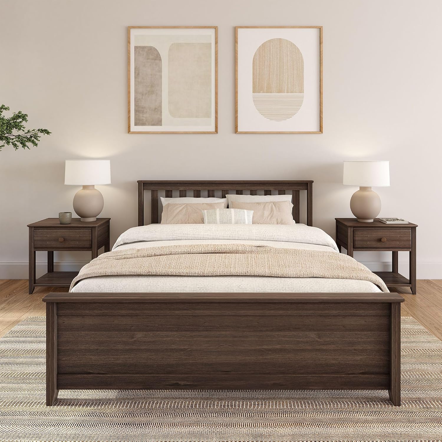 Plank+Beam Solid Wood Queen Bed Frame, Platform Bed with Headboard, Walnut