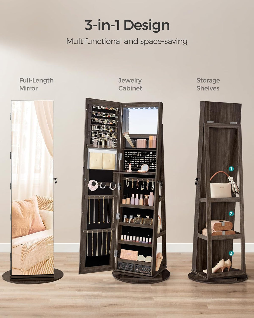 SONGMICS 6 LEDs Lockable Mirror Jewelry Cabinet, 360° Swivel Jewelry Organizer Armoire Standing, Frameless Full-Length Mirror, 3 Storage Shelves, Ash Brown Surface, Black Lining UJJC007K02