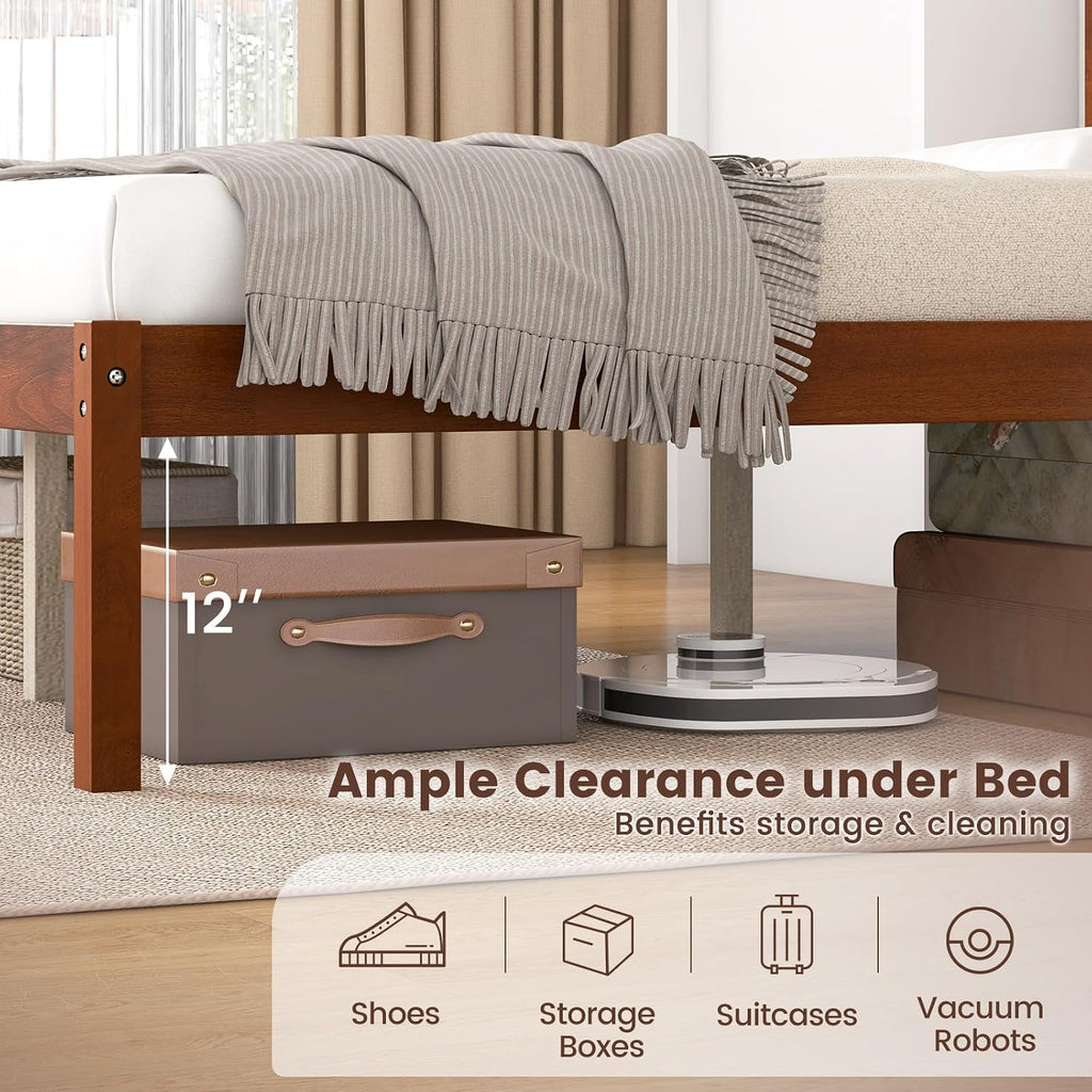 Giantex Full Size Wood Platform Bed with Headboard, Mid Century Solid Wood Full Bed with Slat Support, Double Bed Frame with 16' Under Bed Storage, No Box Spring Needed, Easy Assembly, Walnut
