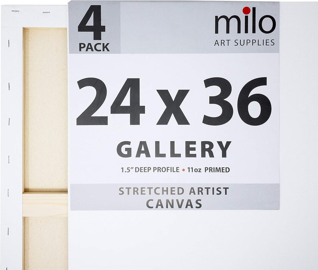 milo Stretched Artist Canvas | 24x36 inches | 4 Pack | 1.5' inch Thick Gallery Profile | 11 oz Primed Large Canvases for Painting, Ready to Paint Art Supplies for Acrylic, Oil