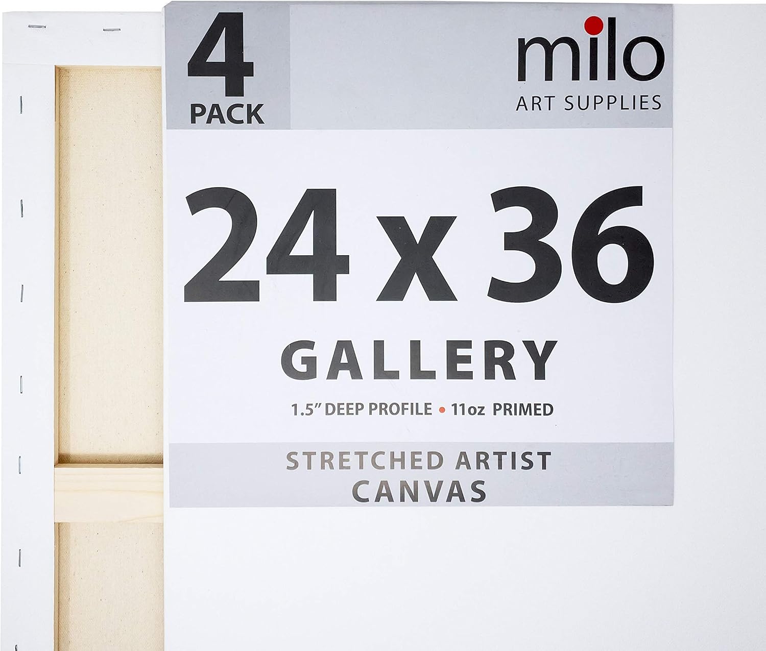 milo Stretched Artist Canvas | 24x36 inches | 4 Pack | 1.5' inch Thick Gallery Profile | 11 oz Primed Large Canvases for Painting, Ready to Paint Art Supplies for Acrylic, Oil