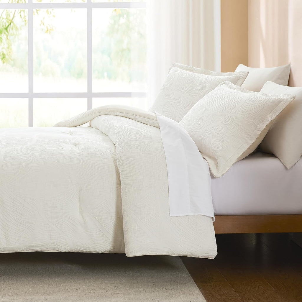 Lush Decor x Chuks Collins Capstone Whisper Cotton Comforter 3 Piece Set Queen Cream - Queen Comforter Set - Luxury Bedding Set - Textured White Comforter