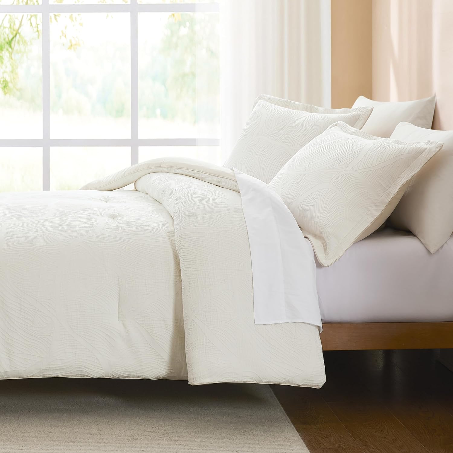 Lush Decor x Chuks Collins Capstone Whisper Cotton Comforter 3 Piece Set Queen Cream - Queen Comforter Set - Luxury Bedding Set - Textured White Comforter