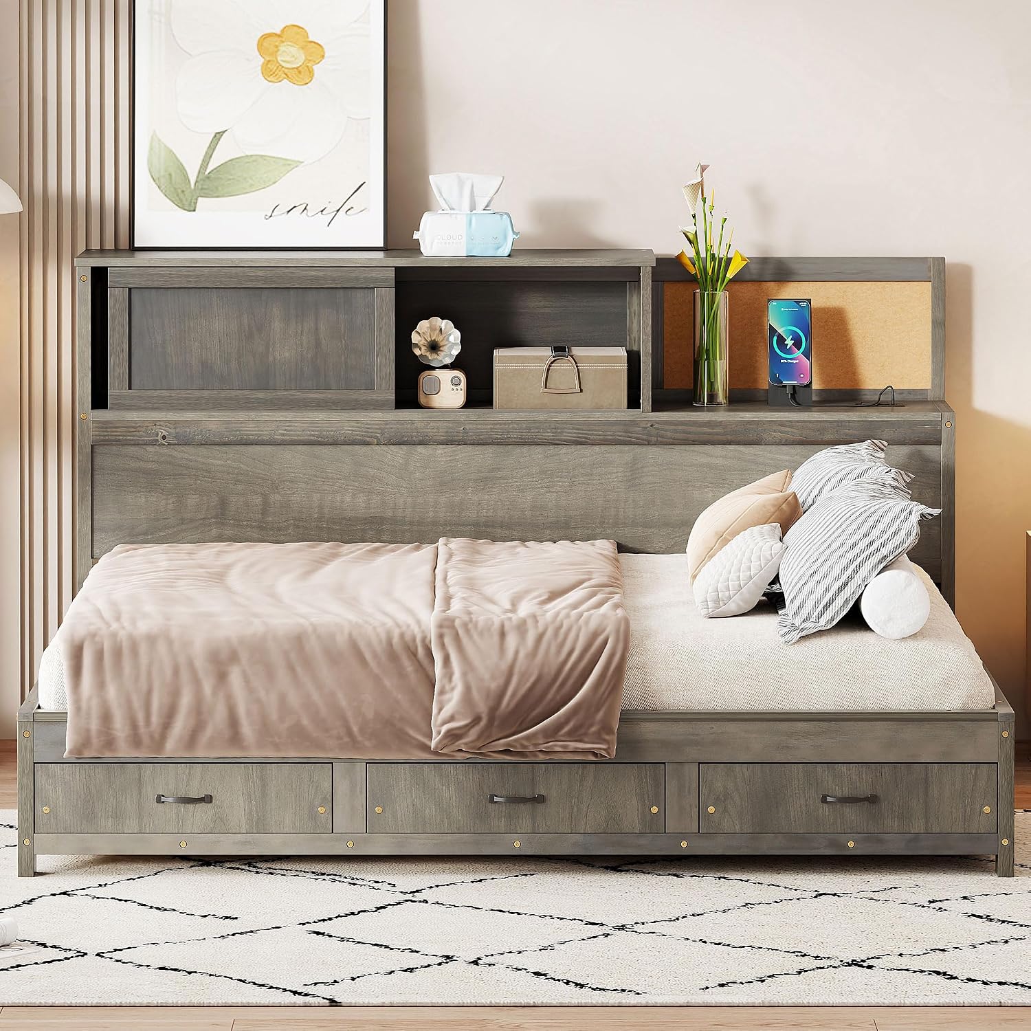 Ball & Cast Full Size Wooden Daybed with 3 Storage Drawers and Upper Soft Board,Versatile Day Bed w/a Set of Sockets & USB Ports,Bedroom Furniture for Apartment,Guest Room,Gray