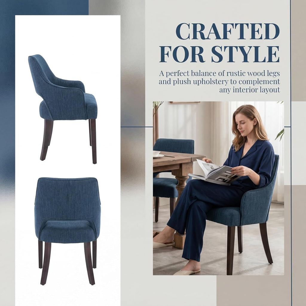 Farmhouse Upholstered Dining Chairs Set of 2, Linen Fabric Dining Room Chairs with Arms, Solid Wood Kitchen Side Chairs for Dining Living Room Bedroom, Upgraded Size, Blue