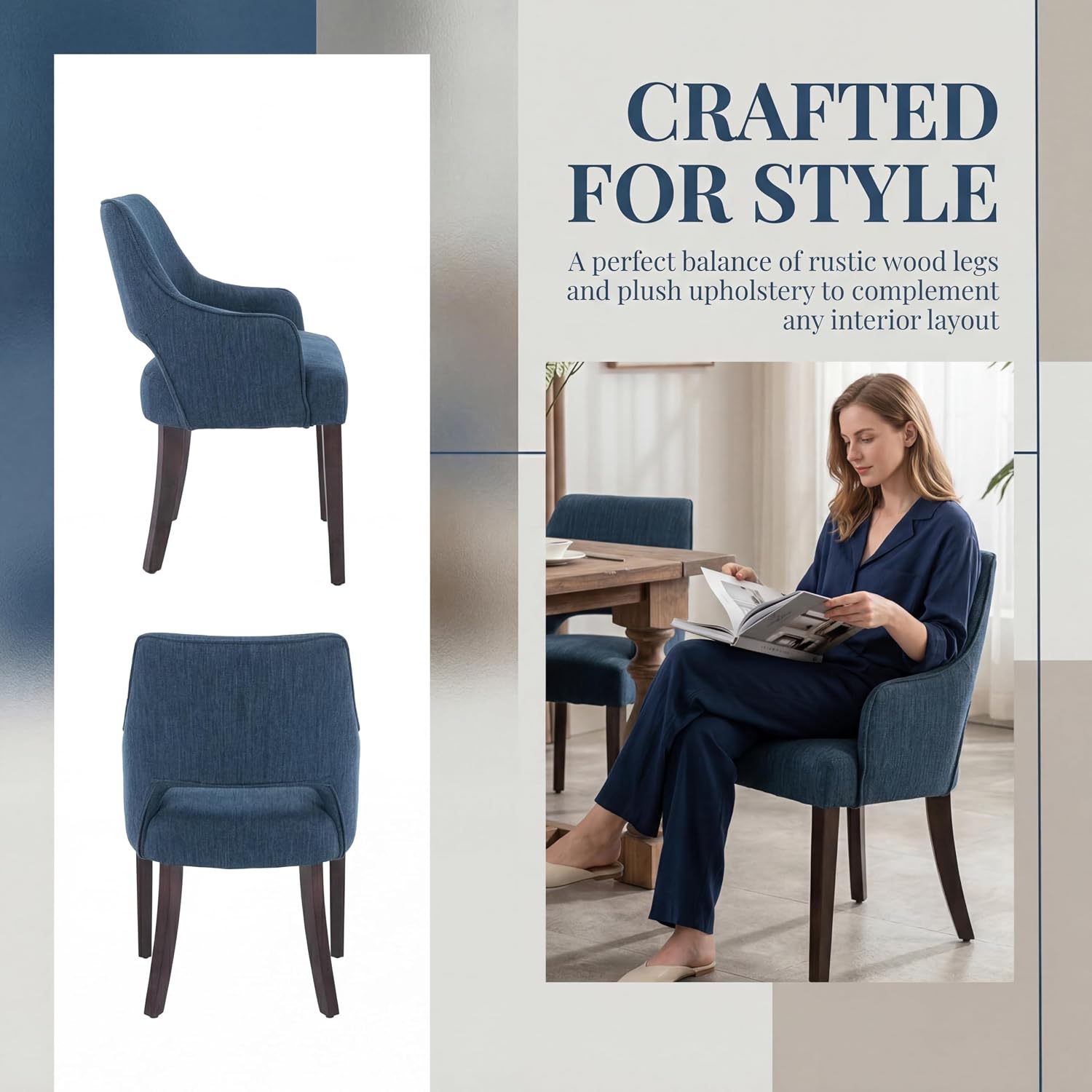 Dining Chairs Set of 4, Fabric Upholstered Dining Room Chair with Arms, Solid Wood Kitchen Chair with for Living/Dining Room/Bedroom/Restaurant, Blue