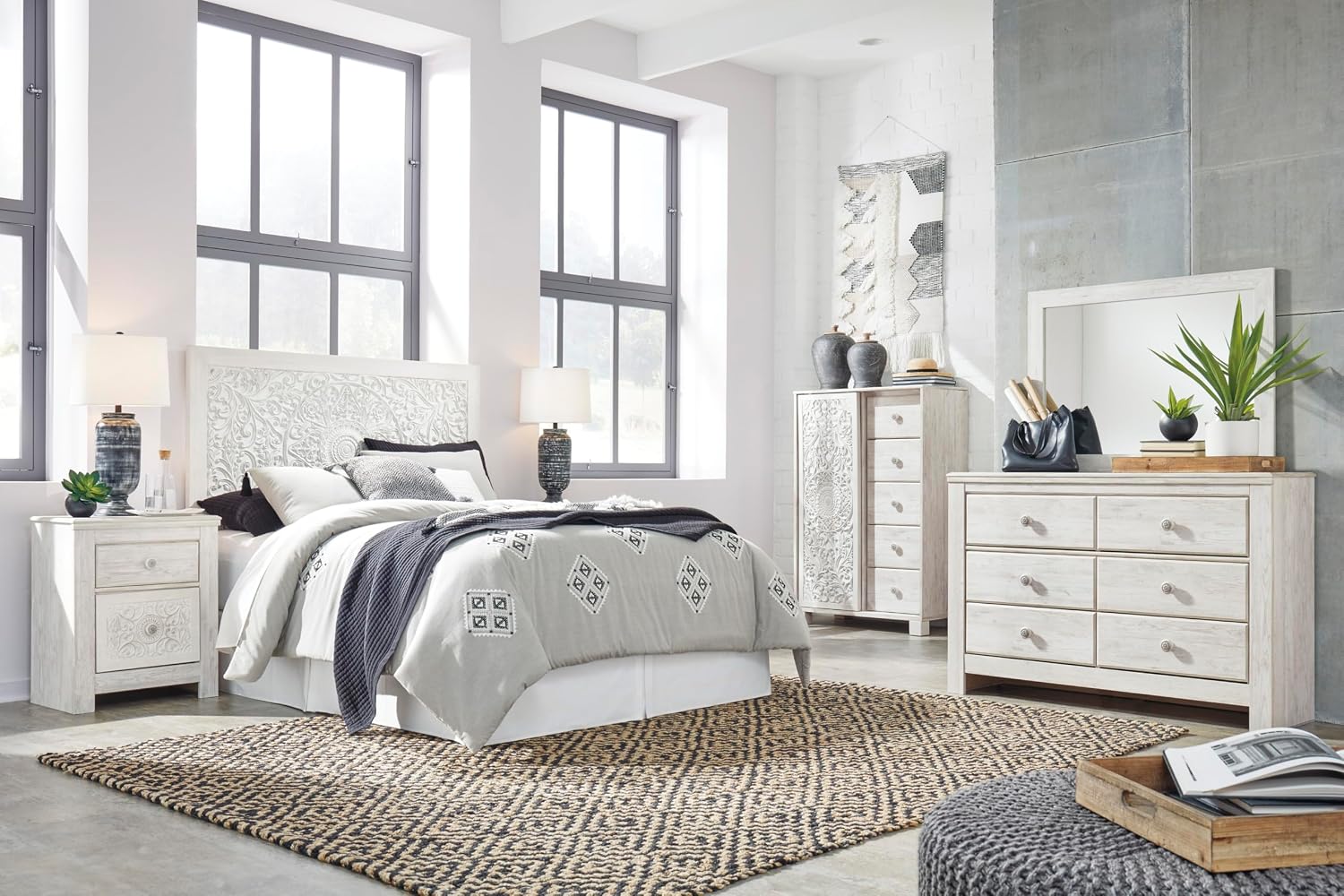 Signature Design by Ashley Paxberry Boho 5 Drawer Dressing Chest with Slider Door & 3 Adjustable Shelves, Whitewash