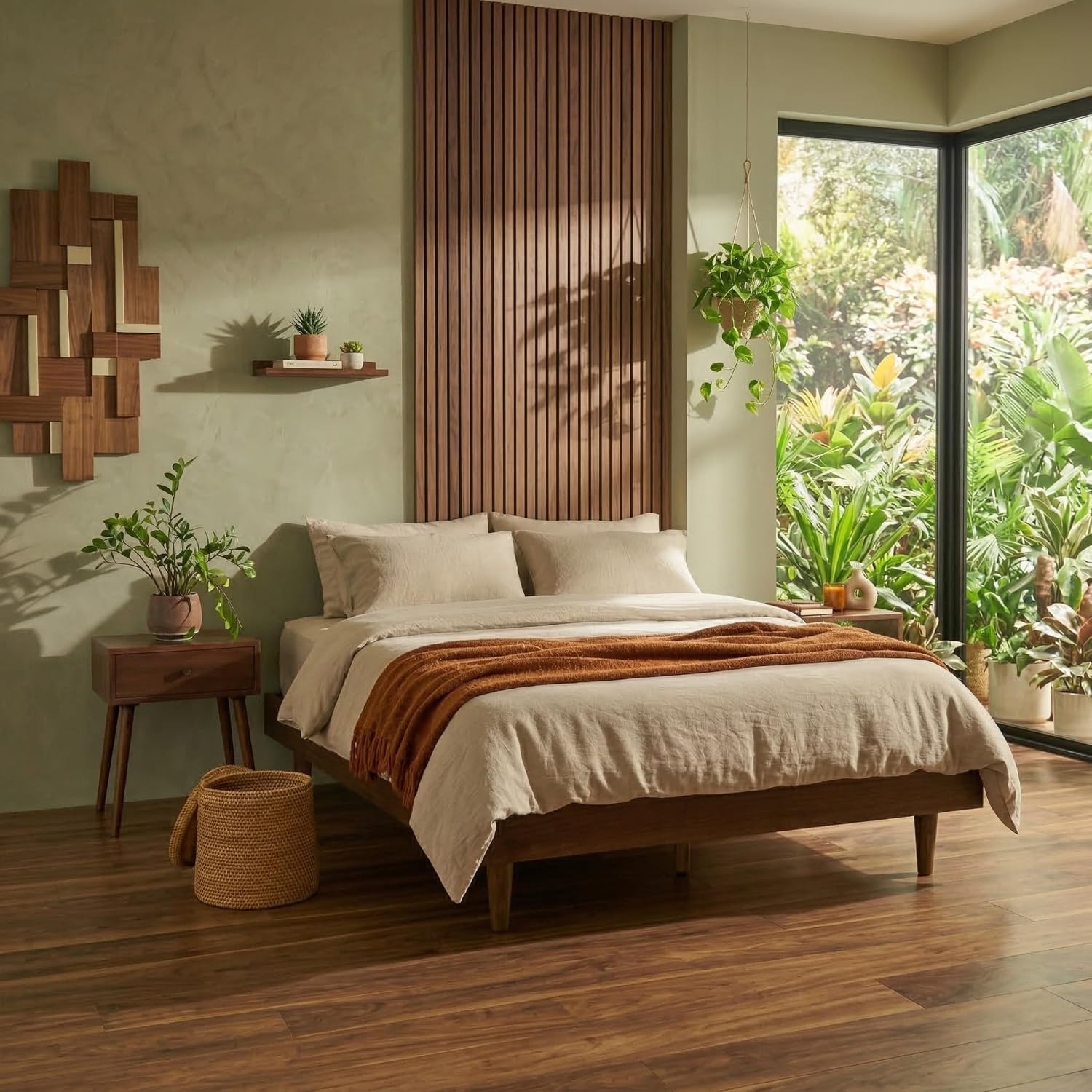 NTC Fly Wooden Bed Frame Without Headboard, Crafted from Walnut, Rubber Wood with Silent Slats and Wood Central Supports, 1000 Lb Capacity, Effortless Assembly, Queen - Dark Walnut