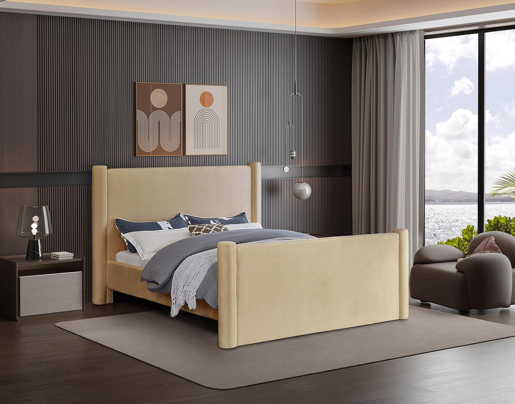 Meridian Furniture B1298Camel-Q Elias Collection Modern | Contemporary Queen Bed with Soft Camel Velvet, Solid Wood Inner Frame, 73.5' W x 88.5' D x 52' H, Camel, Queen