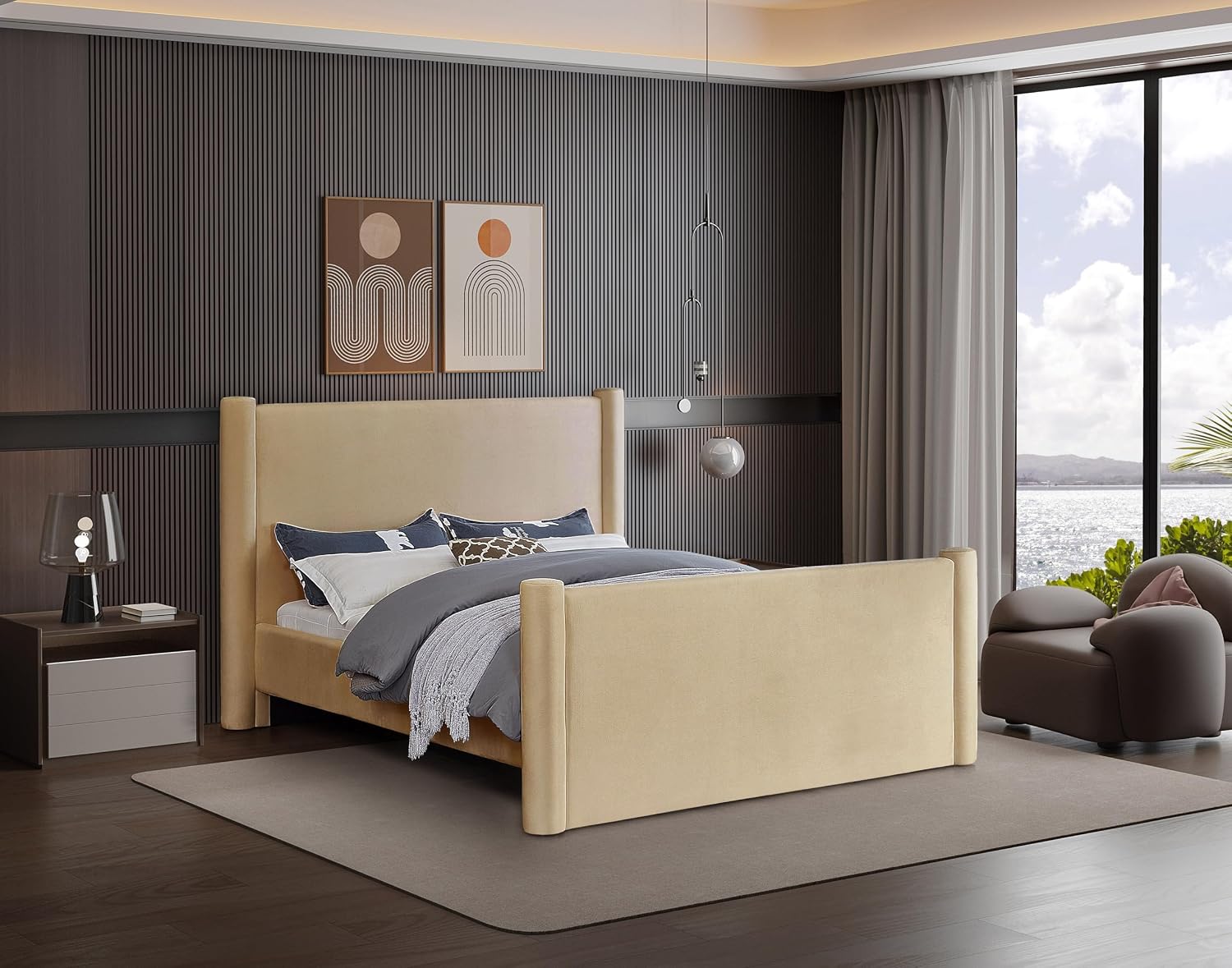 Meridian Furniture B1298Camel-Q Elias Collection Modern | Contemporary Queen Bed with Soft Camel Velvet, Solid Wood Inner Frame, 73.5' W x 88.5' D x 52' H, Camel, Queen