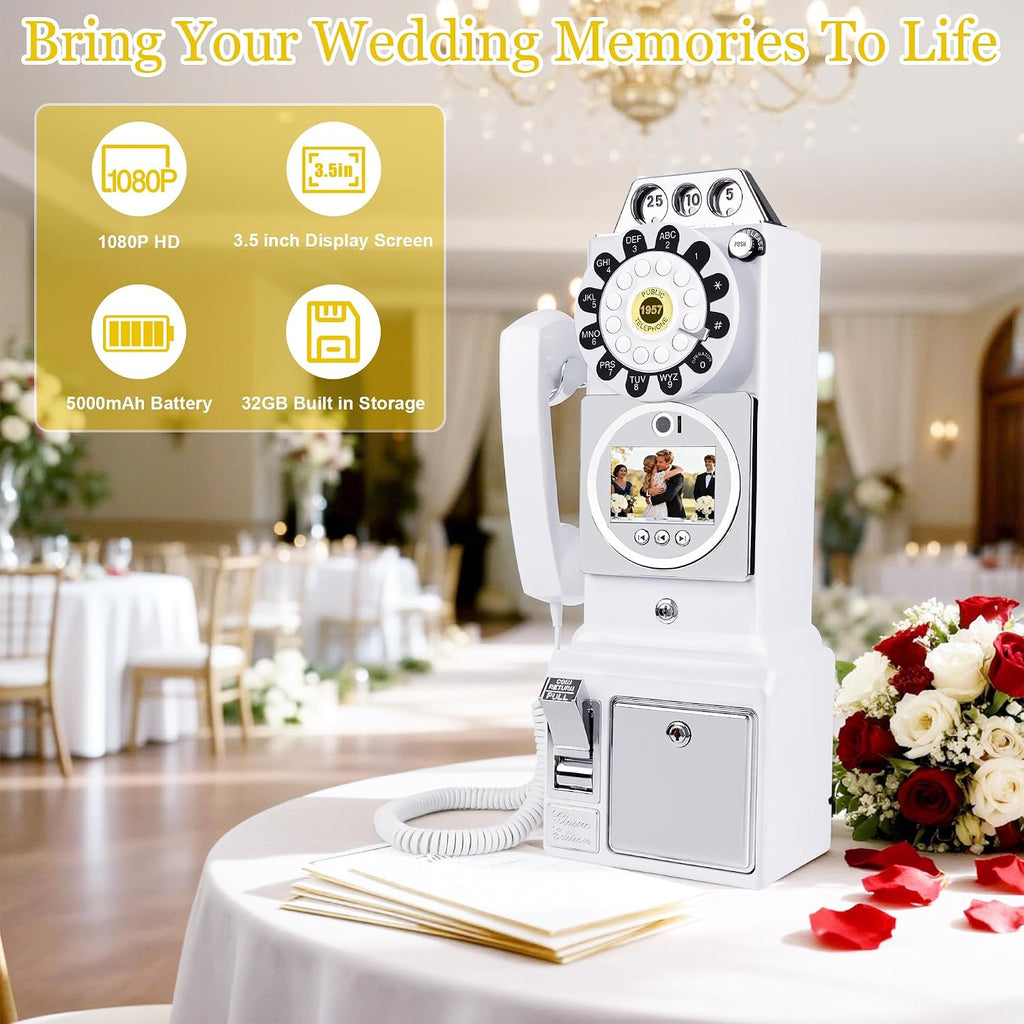 Video Audio Guest Book Wedding Phone, 1080P HD Video Guestbook Phone, Retro-Style Video Guest Book with Long Battery Life for Wedding, Birthday Party, Graduations, Baby Shower (Classic White)