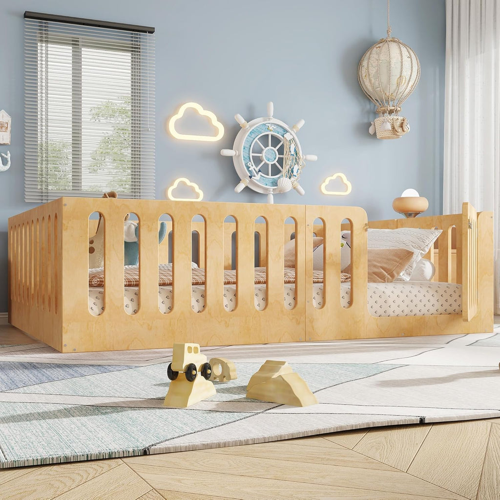 Bellemave Queen Size Kids Montessori Floor Bed,Queen Size Floor Bed Frame with High Fence and Door,Solid Wood Montessori Bed for Girls Boys,Natural