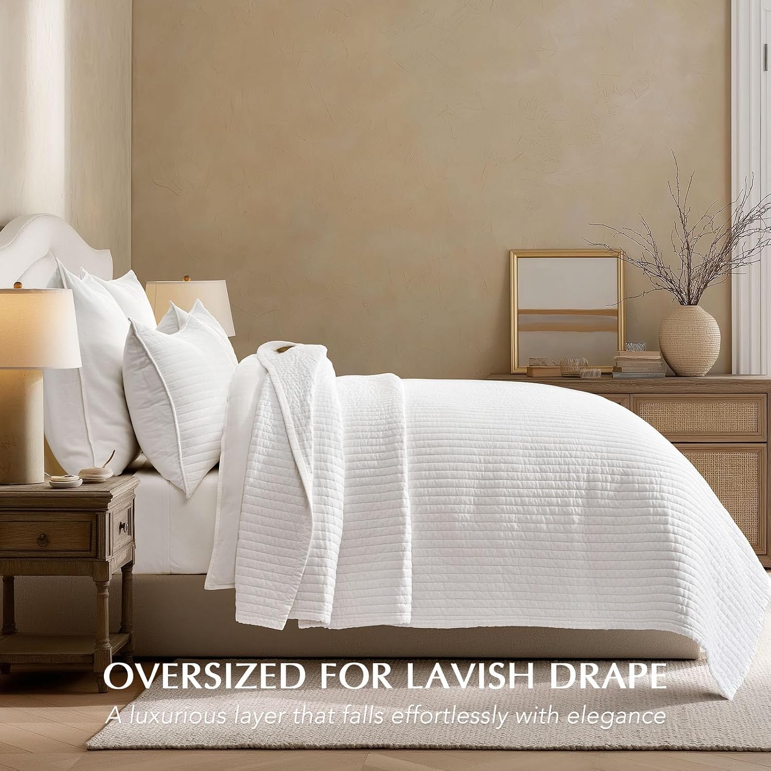 EVERGRACEHOME Cotton Sateen Quilt Set King Size, Pre-Washed Cotton Channel Stitch Coverlet Bedspread, 3 Pieces Lightweight Soft Bedding Sets for All Season, with 2 Pillow Shams, Bright White
