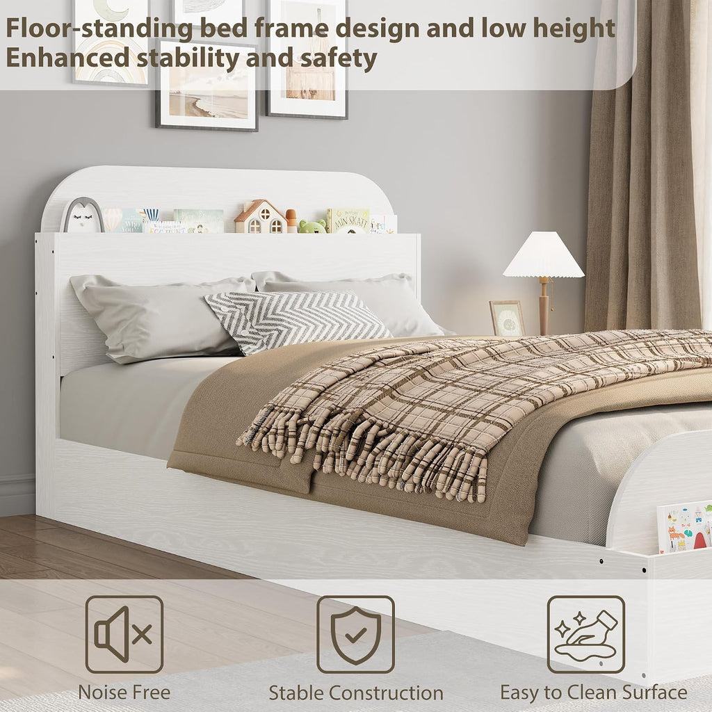 GarveeHome Twin Size Bed Frame, Wooden Beds with Storage Headboard and Raised-Foodboard for Kid, Twin-Floor Low Platform Bed for Bedroom, Sturdy Wooden Slats Support, No Box Spring Needed, White