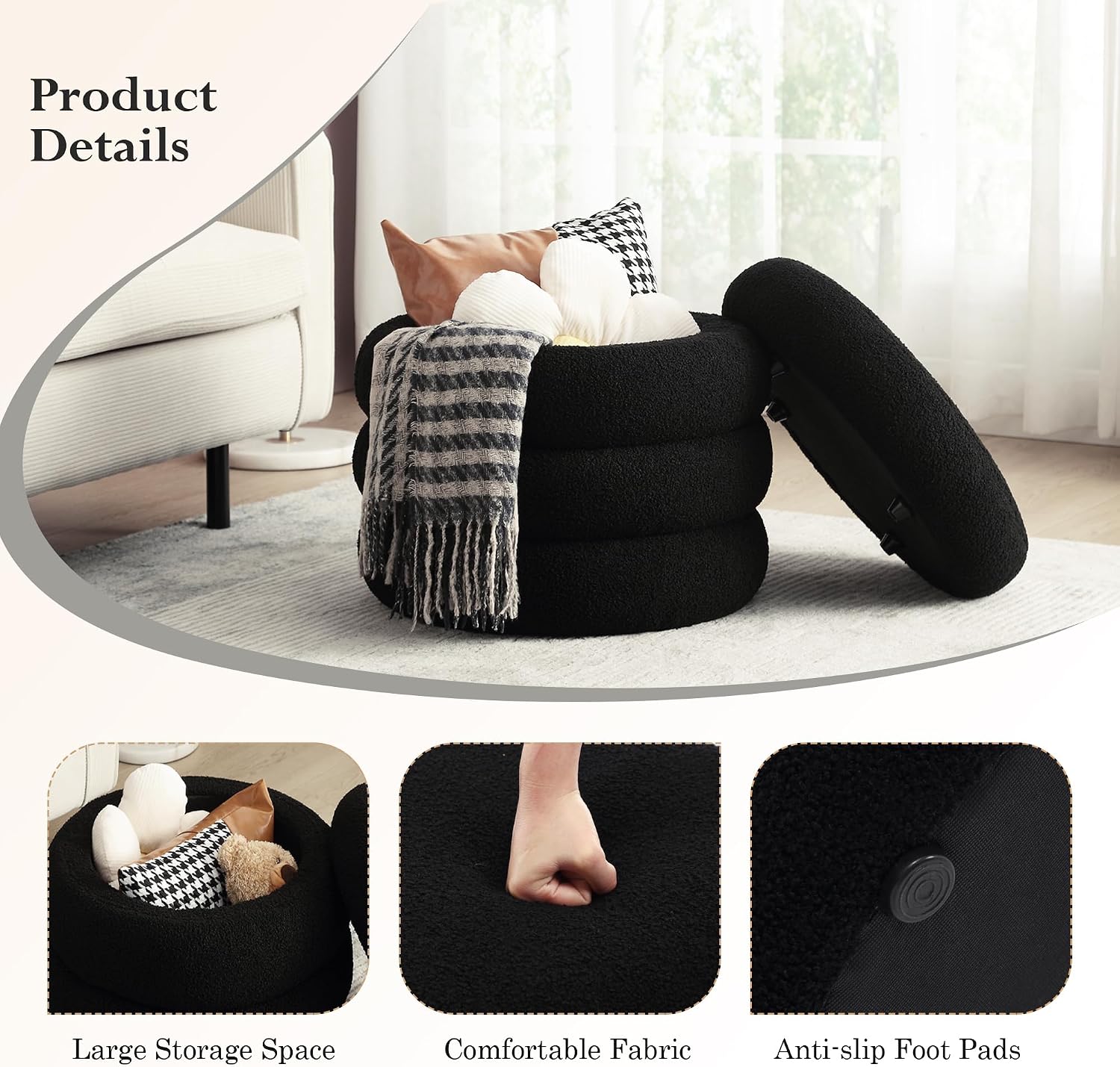 19.5 Inch Round Storage Ottoman, Modern Sherpa Ottoman Coffee Table with Removable Top, Black Vanity Stool with Storage for Bedroom, Living Room, Dorm, Set of 2