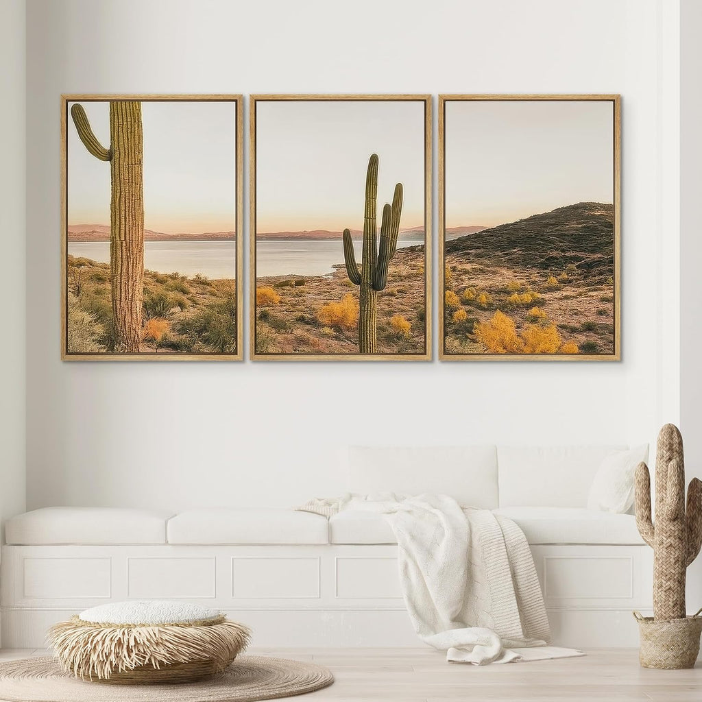 SIGNWIN Framed Canvas Print Wall Art Set Desert Cactus Landscape Southwestern Sunset Illustrations Modern Colorful Ultra for Living Room, Bedroom, Office - 24'x36'x3 Natural
