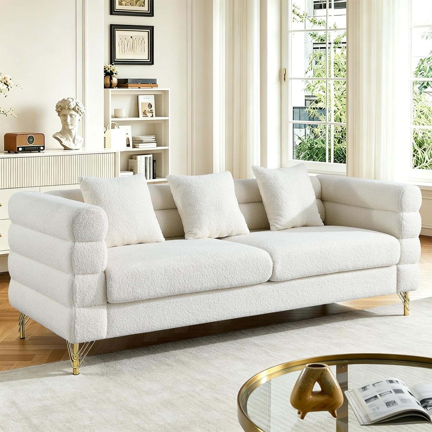 Loveseat Modern Sofa, 81' Teddy Boucle Comfy Cloud Couch Upholstered Deep 3 Seater Sherpa Couch Set with Stylish Metal Legs for Living Room Home Office Bedroom Apartment, White