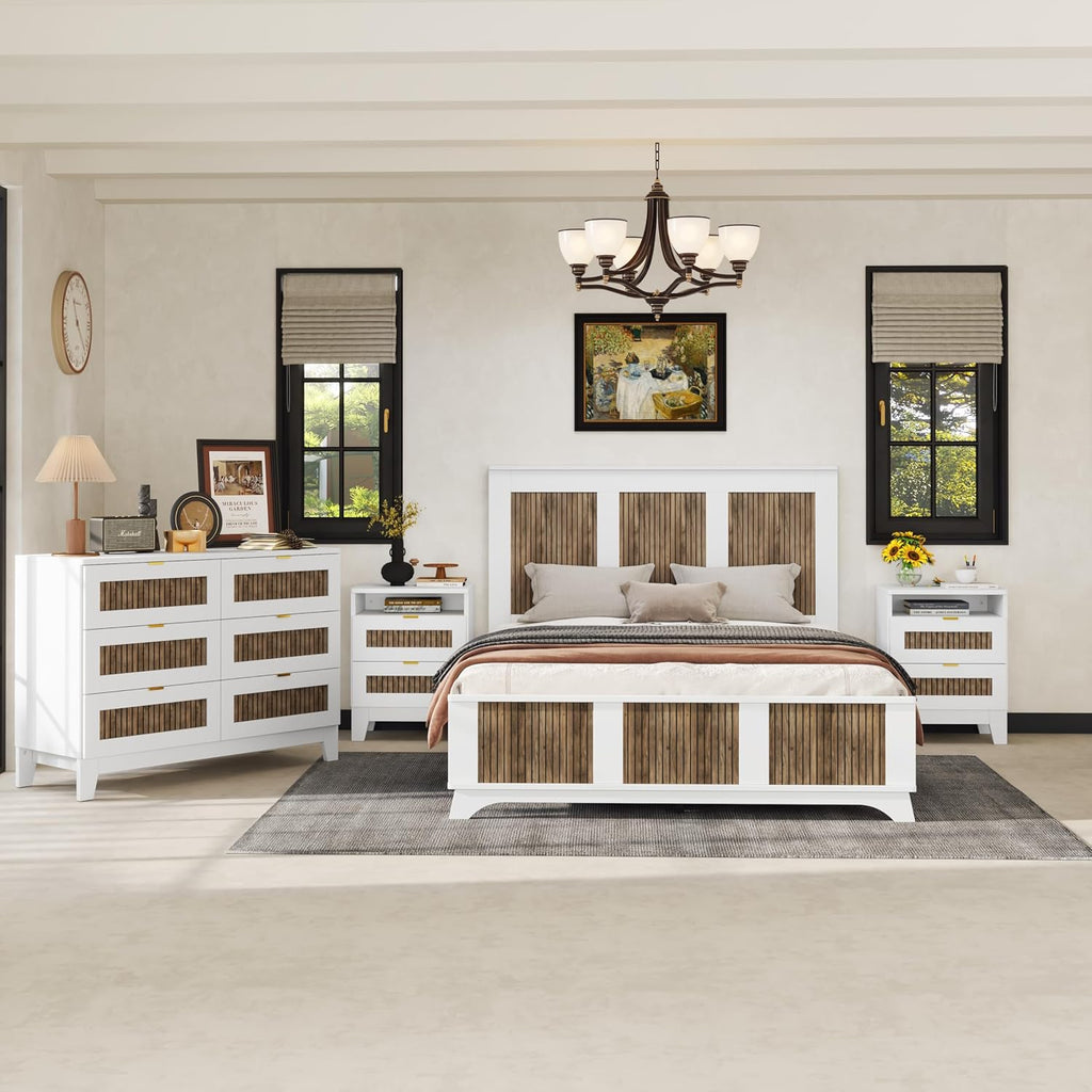 4-Pieces Bedroom Sets, Queen Size Farmhouse Platform Bed with Wooden Strip Decoration Headboard, Storage Nightstand and Dresser with Metal Handle for Bedroom Furniture (White, Queen)