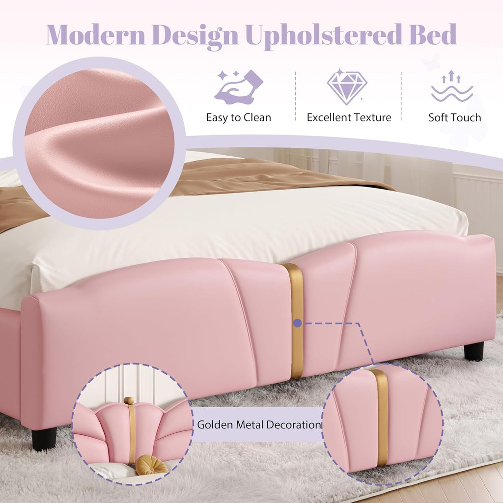 Merax PU Leather Upholstered Platform Bed with Butterfly Shaped Headboard and Footboard, Full Size Bed Frame for Bedroom, Solid Wood Slats Support, No Box Spring Needed, Easy Assembly, Light Pink