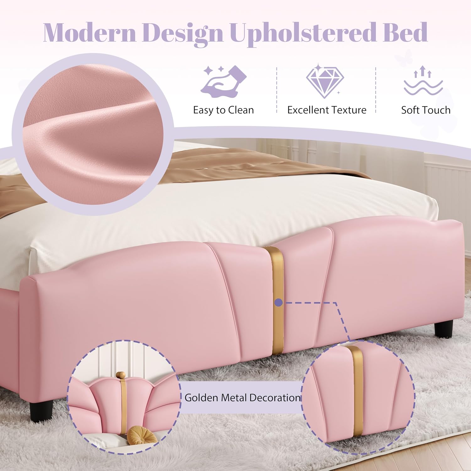 Merax PU Leather Upholstered Platform Bed with Butterfly Shaped Headboard and Footboard, Full Size Bed Frame for Bedroom, Solid Wood Slats Support, No Box Spring Needed, Easy Assembly, Light Pink