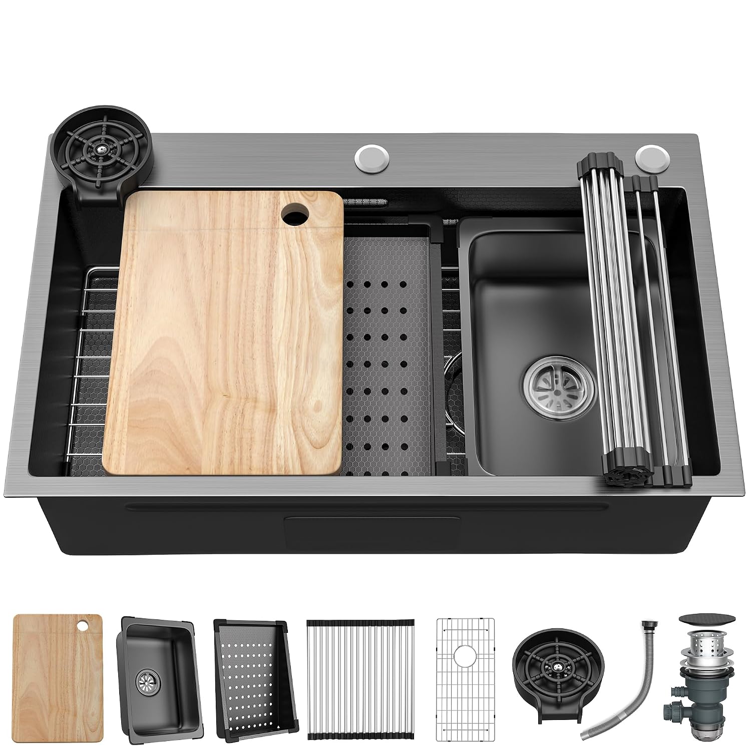 YITAHOME Drop in Kitchen Sink Workstation 30 Inch, Topmount Stainless Steel Nano Gunmetal Black Sink w/Glass Rinser, Cutting Board, Handmade Single Bowl Sink with Accessories 30 x 18 x 10in