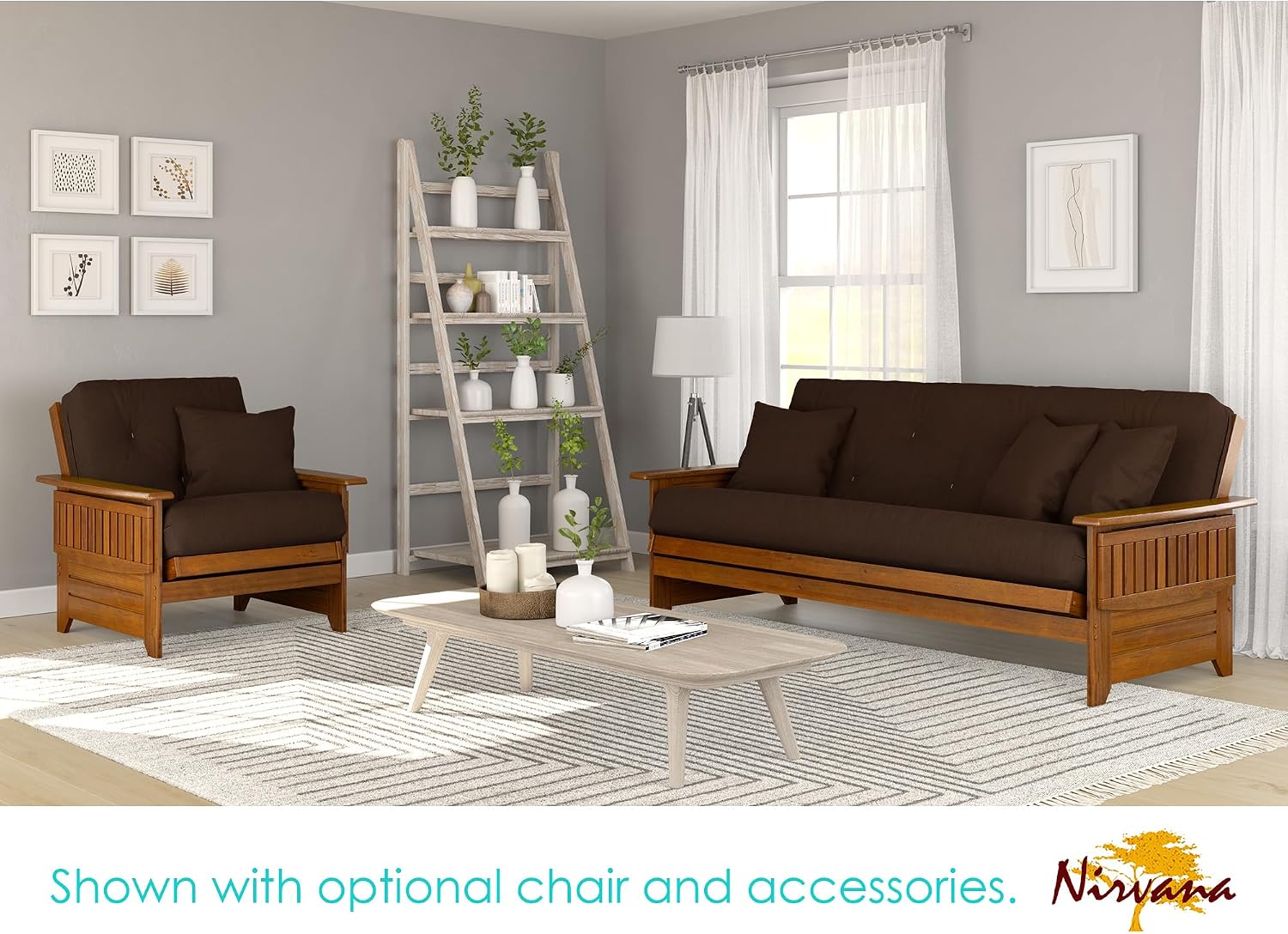 Nirvana Futons Brentwood Tray Arm Futon Frame, Drawers, and Microfiber Fudge Mattress Set - Full, Heritage Finish