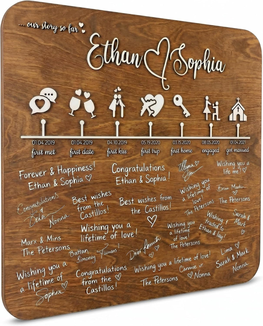 Personalized Wedding Guest Book Alternative Wood Sign – Custom 3D Love Story Timeline with Icons, Rustic Birch Wooden Guestbook for Reception & Wall Decor Keepsake – Includes Marker & Hanging Hardware