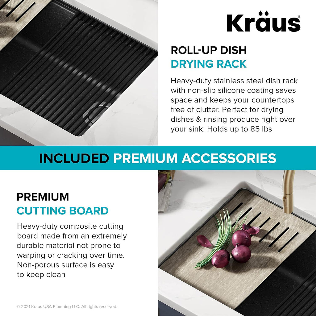 KRAUS Bellucci 30' in. Undermount Workstation Granite Kitchen Sink in Metallic Black with Accessories, KGUW2-30MBL