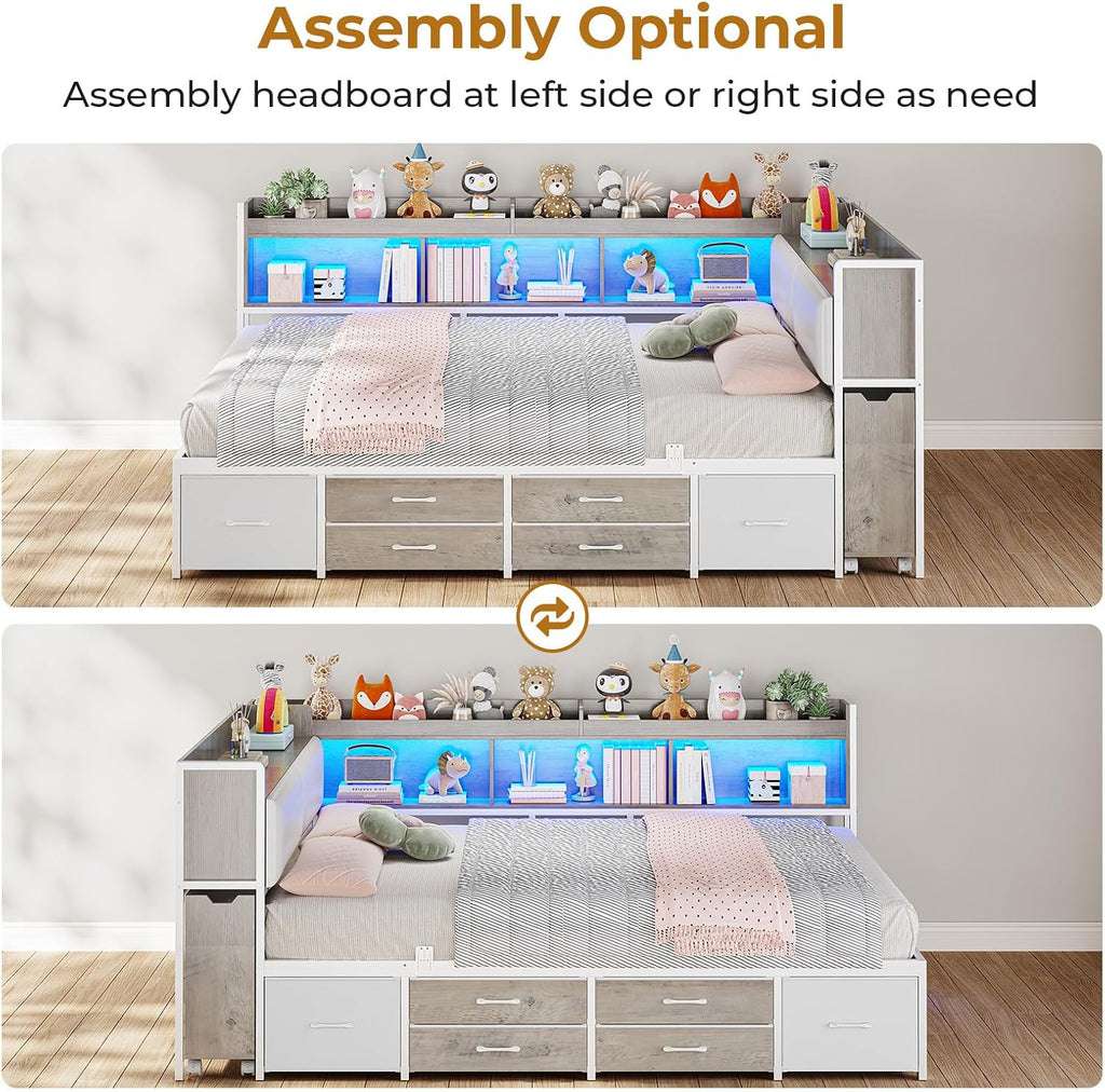 MSmask 14 Inch Corner Bed Frame with Pull-Out Cabinet, Bookcase & Headboad Storage, Full LED Daybed with 6 Drawers, Charging Station, Full Size Metal Platform Bed for Kids Teen, White & Oak Grey