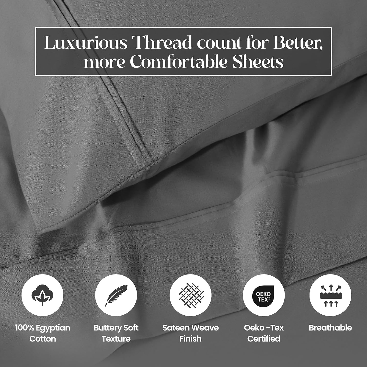 Superior 1200 Thread Count Egyptian Cotton Sheet Set, Bedroom Sheets, Modern Home Essentials, Luxury Bedding, 1 Elastic Deep Pocket Fitted Bed Sheet, 1 Flat Sheet, 2 Pillowcases, Queen, Charcoal