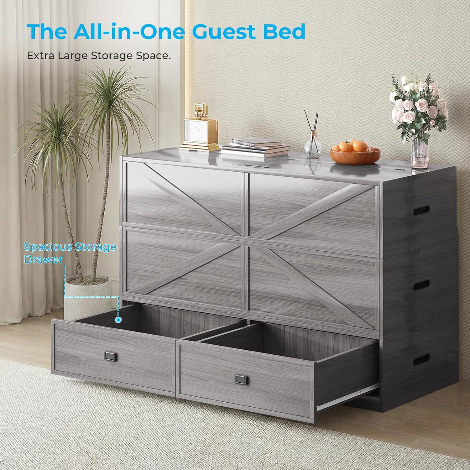 Mjkone Murphy Bed, Cabinet Beds Full Size with Mattress Included, 3-in-1 Convertible Sofa Furniture Sets, Hidden Chest Bed with Storage Drawers, Guest Sleeper Beds for Small Room, Apartment - Grey
