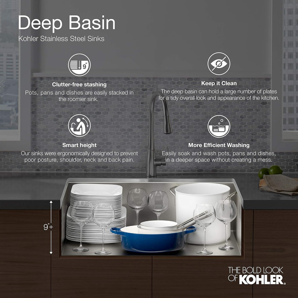KOHLER 80086-2PC-NA Task™ 27' Top-/Undermount Workstation Stainless Steel Kitchen Sink, Includes Accessories, 2 Faucet Holes, Single Bowl Kitchen Sinks