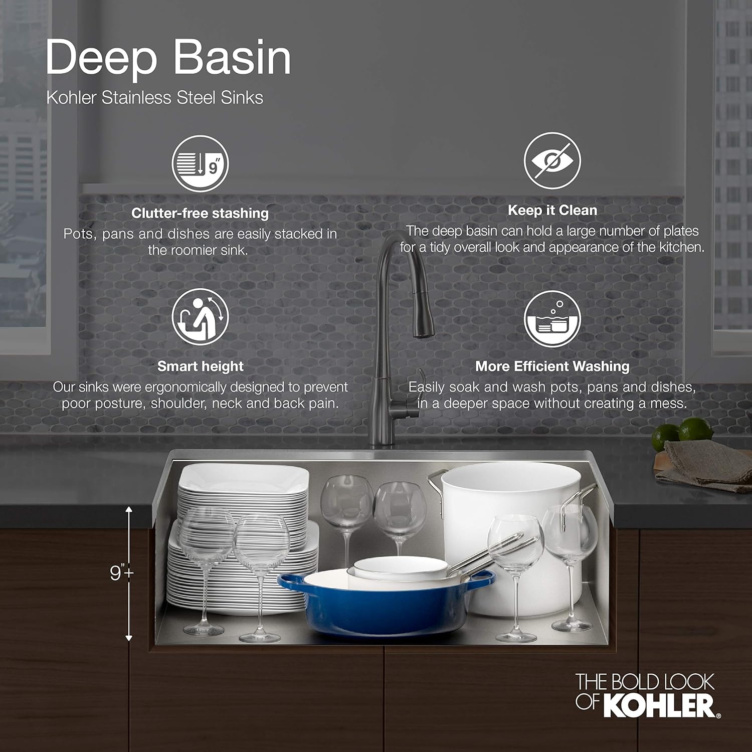 KOHLER 80086-2PC-NA Task™ 27' Top-/Undermount Workstation Stainless Steel Kitchen Sink, Includes Accessories, 2 Faucet Holes, Single Bowl Kitchen Sinks