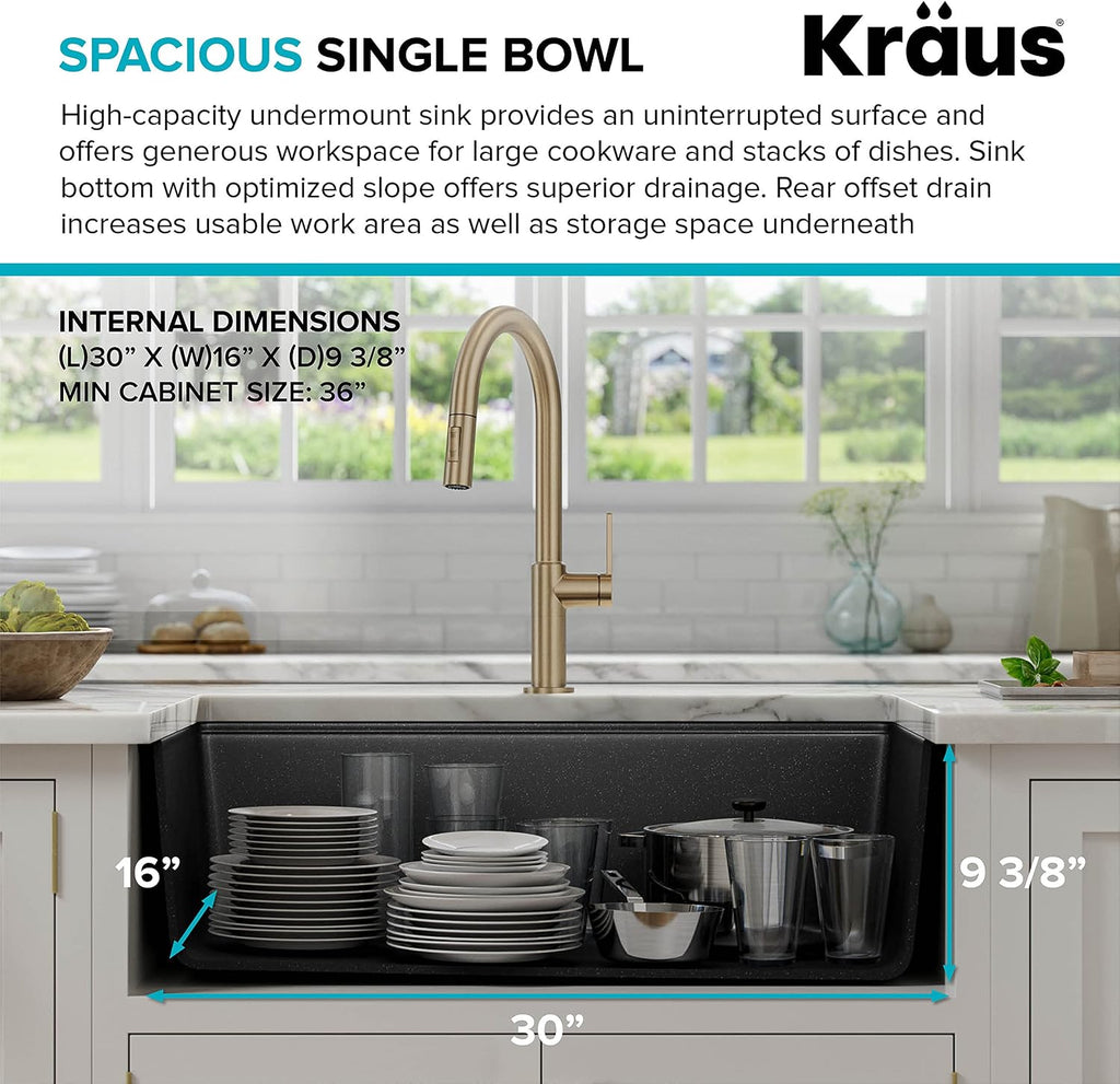 KRAUS Bellucci Workstation 32 in. Undermount Granite Composite Single Bowl Kitchen Sink in Metallic Black with Accessories with WasteGuard™ Continuous Feed Garbage Disposal, KGUW2-33MB-100-75MB