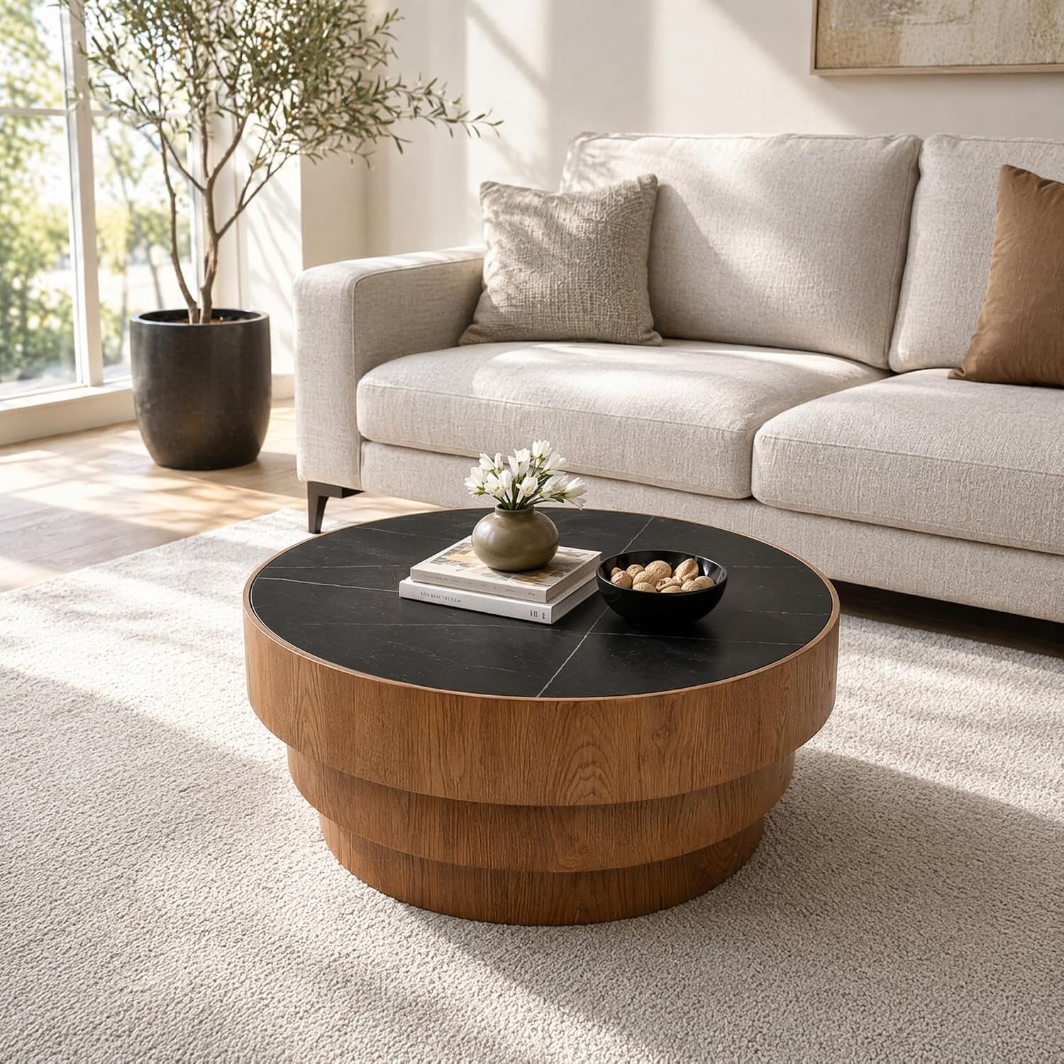 31.5' Black Round Coffee Table, Round Coffee Table with Sintered Stone Tabletop and MDF with Wood Veneer Tiered Base, Modern Low Profile Circle Cocktail Tea Table for Living Room