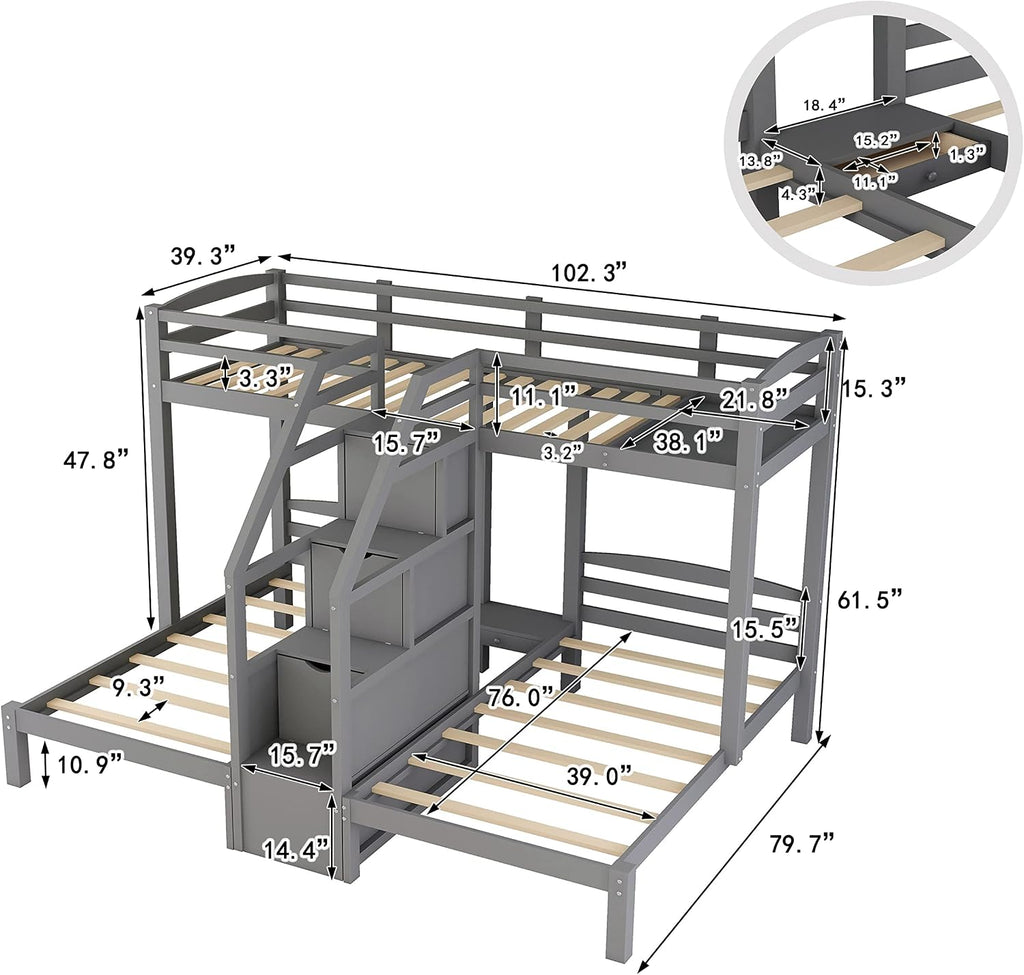 VilroCaz Twin Size Triple Bunk Bed with Built-in Staircase and Storage Drawer, Solid Wood Bunk Bed Frame with Safety Full-Length Guardrail for 3, Bedroom Guest Room Home Furniture (Gray)