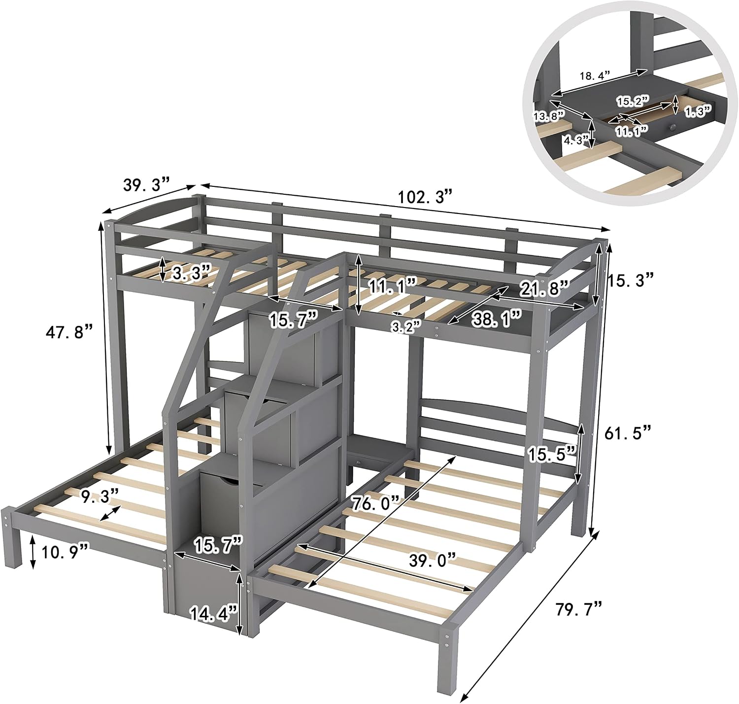 VilroCaz Twin Size Triple Bunk Bed with Built-in Staircase and Storage Drawer, Solid Wood Bunk Bed Frame with Safety Full-Length Guardrail for 3, Bedroom Guest Room Home Furniture (Gray)
