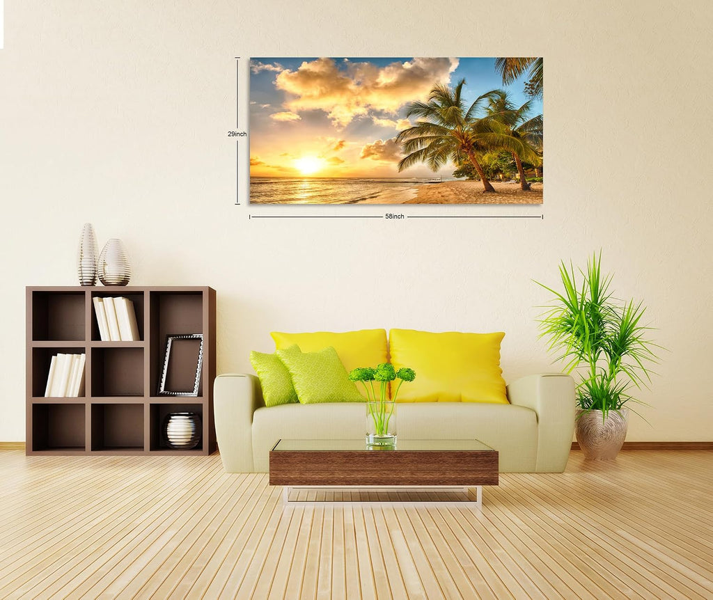 Wall Art Canvas Painting Golden Ocean Beach Palm Tree 1 Piece Sunset See Coconut Trees Landscape Picture Poster Print Framed and Stretched Ready to Hang for Living Room Bedroom Office Artwork