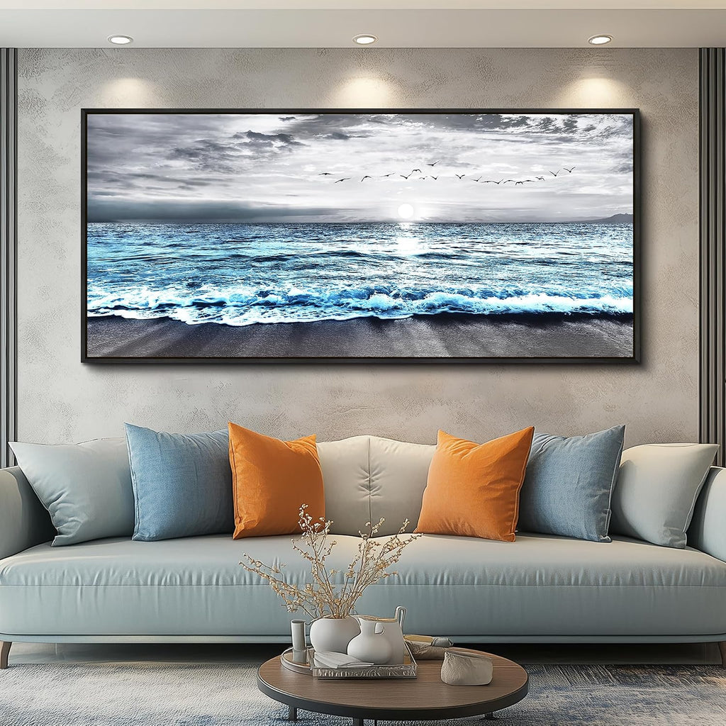Wapluam Framed Wall Art for Bedroom Decor, Beach Canvas Wall Art Large Ocean Sunset Seascape Print, Modern Coastal Landscape Artwork for Living Room Bathroom Home Decor Ready to Hang 32x72 In
