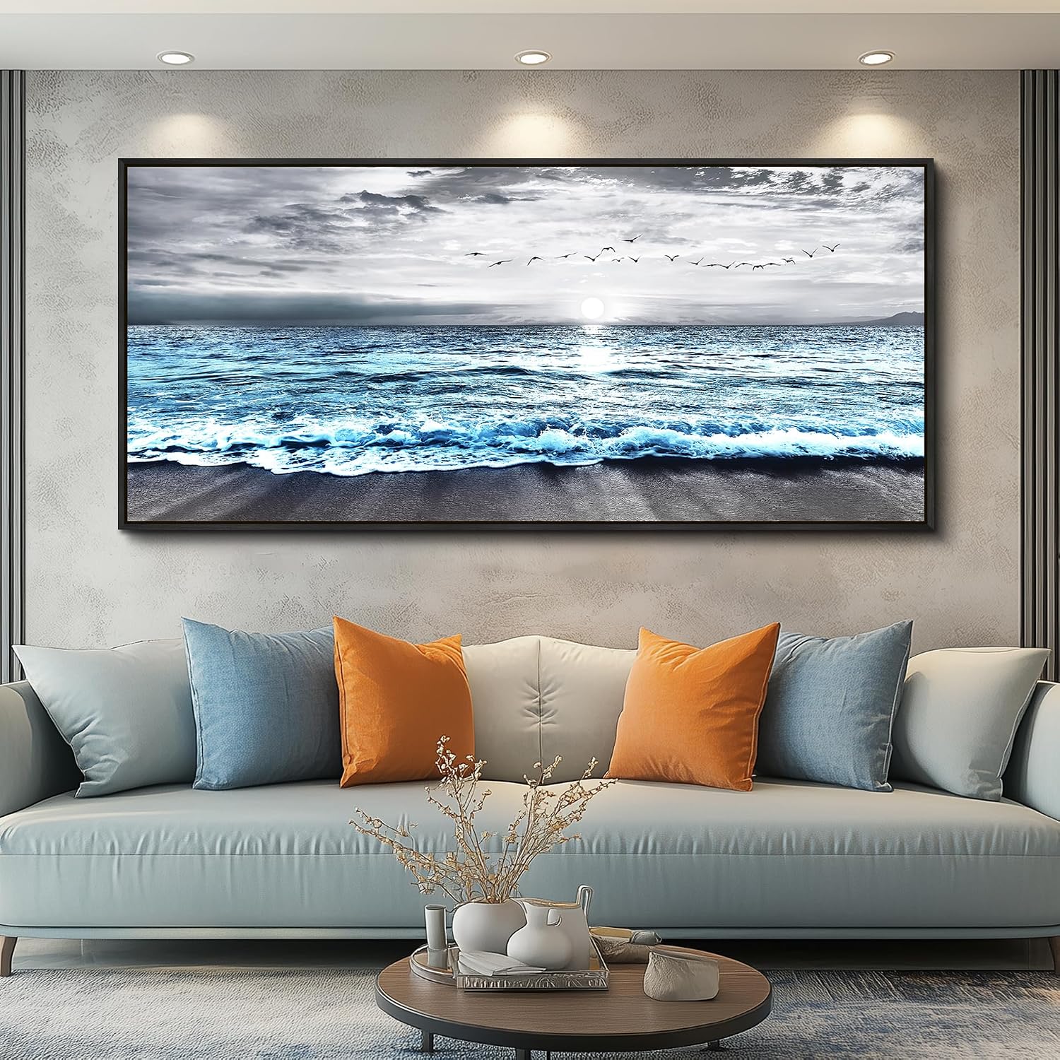 Wapluam Framed Wall Art for Bedroom Decor, Beach Canvas Wall Art Large Ocean Sunset Seascape Print, Modern Coastal Landscape Artwork for Living Room Bathroom Home Decor Ready to Hang 32x72 In