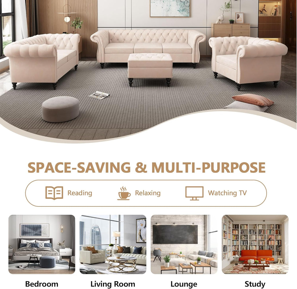 QHITTY 3 Piece Living Room Set, Sectional Chesterfield Sofa Chair Contemporary Upholstered Velvet Loveseat Couch Sets for Living Room, Bedroom, Office (Beige)