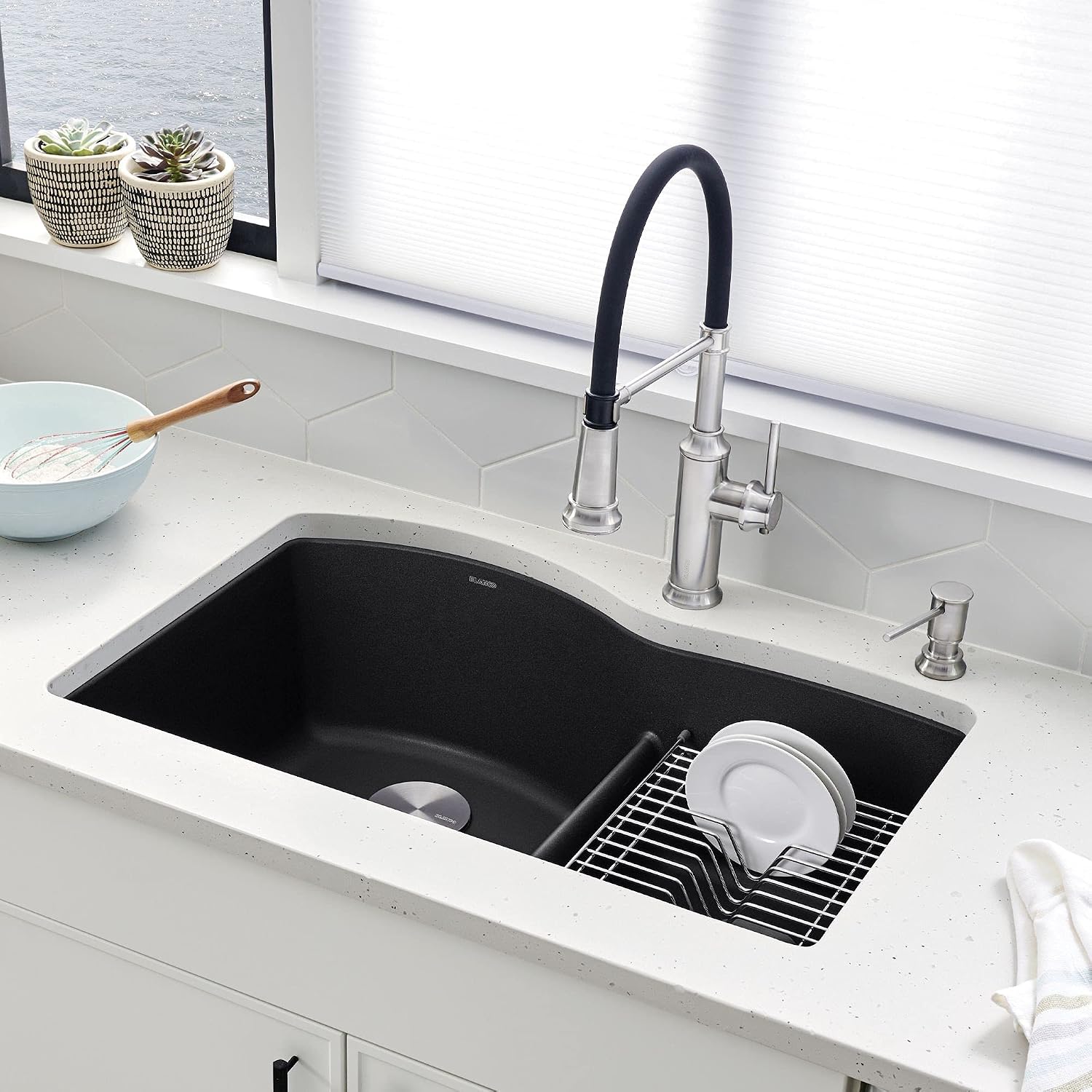 BLANCO, Anthracite 441590 DIAMOND SILGRANIT 60/40 Double Bowl Undermount Kitchen Sink with Low Divide, 32' X 21'