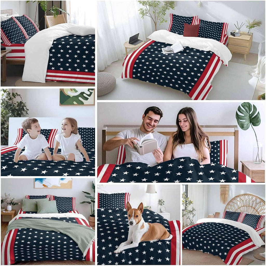 Independence Day Duvet Cover Set Queen Size 4 Pieces U.S. Flag Themed White Five-Pointed Star Bedding Set with Zipper Closure, 1 Comforter Cover 92x106 Inches 1 Flat Sheet & 2 Pillow Cases