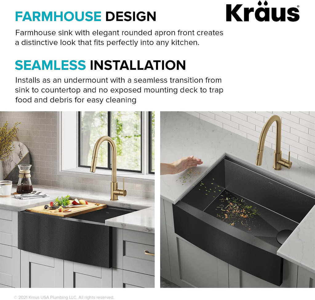 KRAUS Kore Workstation 27-inch Farmhouse Apron Front 16 Gauge Black Stainless Steel Single Bowl Kitchen Sink in PVD Gunmetal Finish with Accessories, KWF210-27-PGM