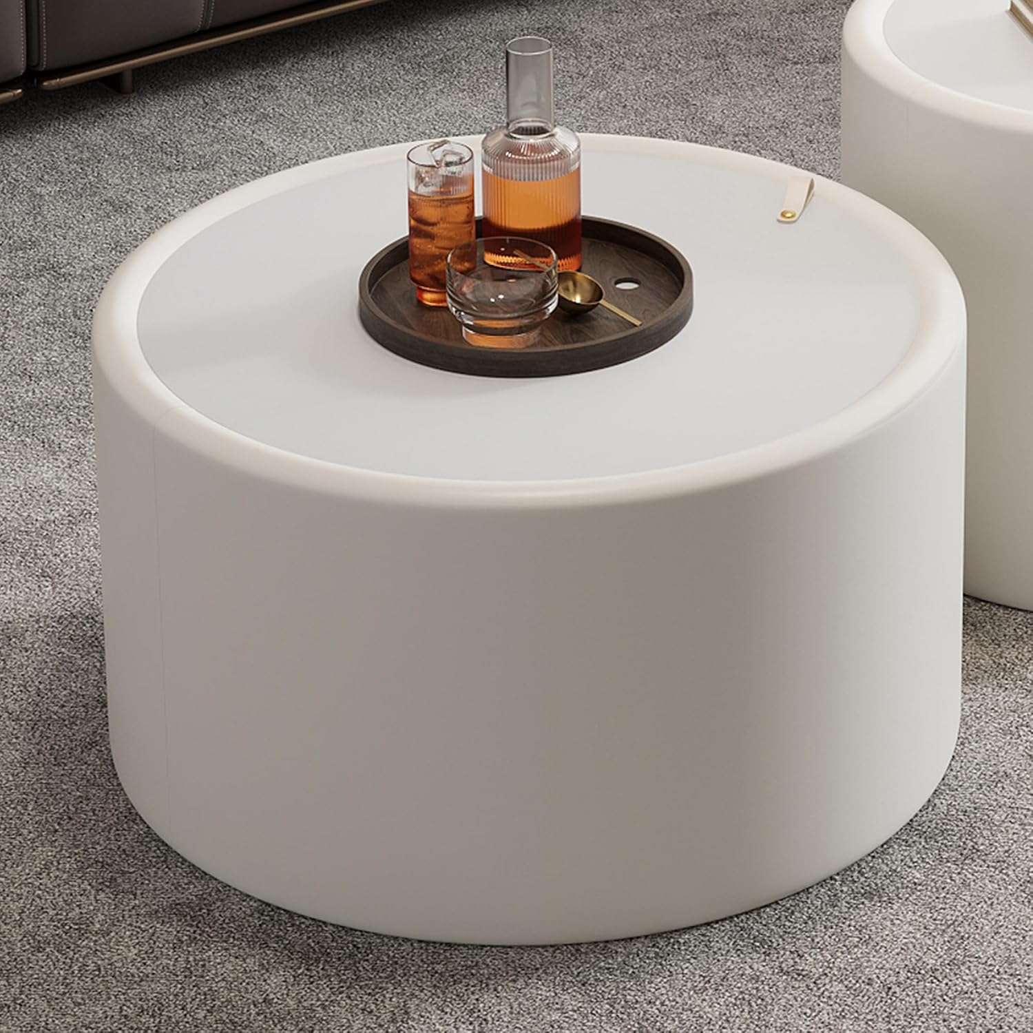 27.56' White Round Coffee Table with Hidden Storage, Drum Coffee Table with Tempered Glass Top and PU Leather Body, Circle Cocktail Tea Table for Living Room, No Assemble
