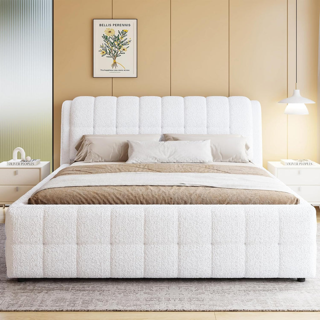 GDFStudio California King Size Upholstered Platform Bed, Boucle Bed Frame with Foam Headboard, Wood Slat Support for King Mattress, Modern Platform Bed for Master Bedroom, No Box Spring Needed, White