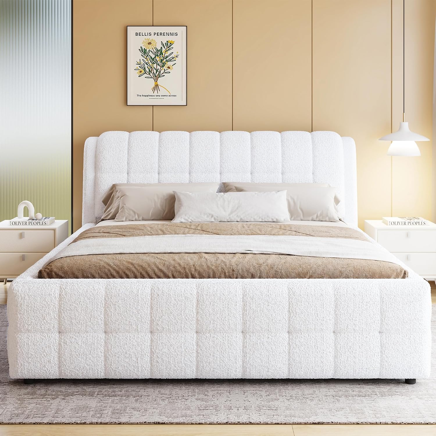 GDFStudio California King Size Upholstered Platform Bed, Boucle Bed Frame with Foam Headboard, Wood Slat Support for King Mattress, Modern Platform Bed for Master Bedroom, No Box Spring Needed, White